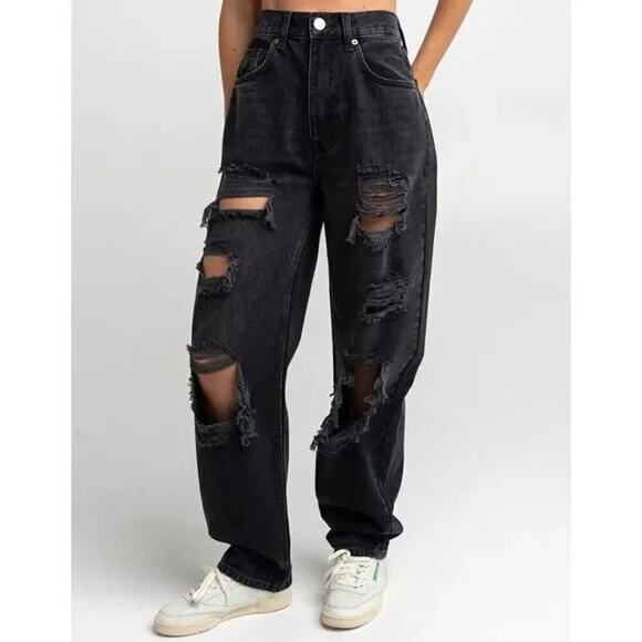 BDG Urban Outfitters High-Rise Baggy Black Denim Destroyed Denim Sz 26 - Picture 1 of 8